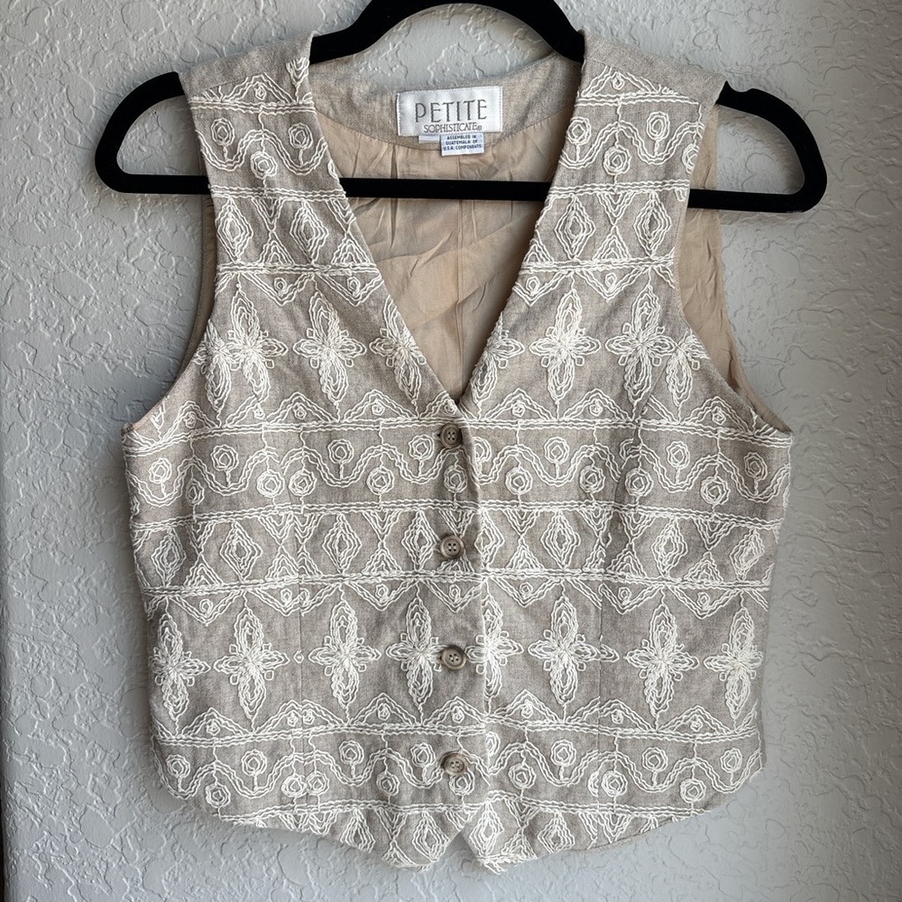 Women Petite S Vintage 90s Embroidered Linen Blend Vest Tan Boho Sleeveless